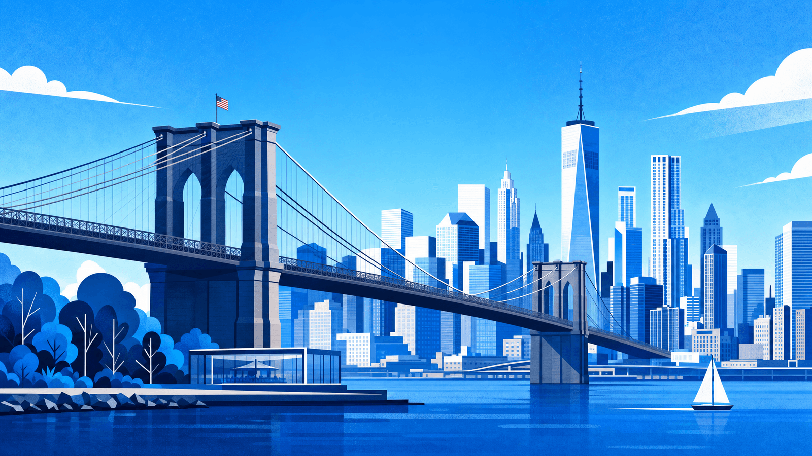 Lower Manhattan skyline at evening with Brooklyn Bridge in the foreground