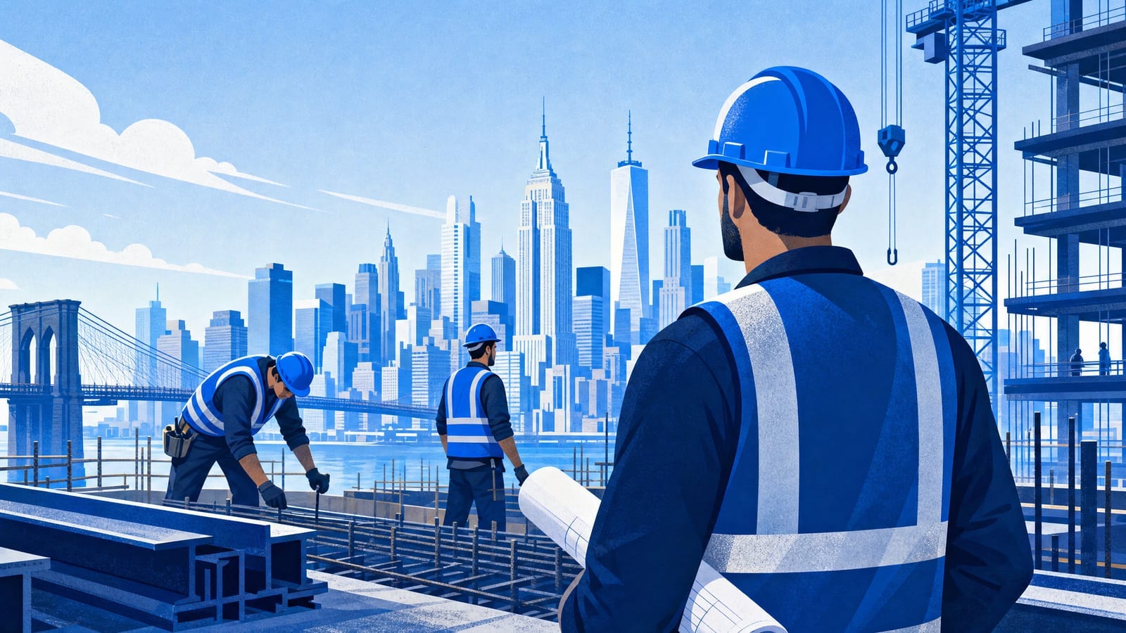 Close-up of work-gloved hands on construction tools at dawn