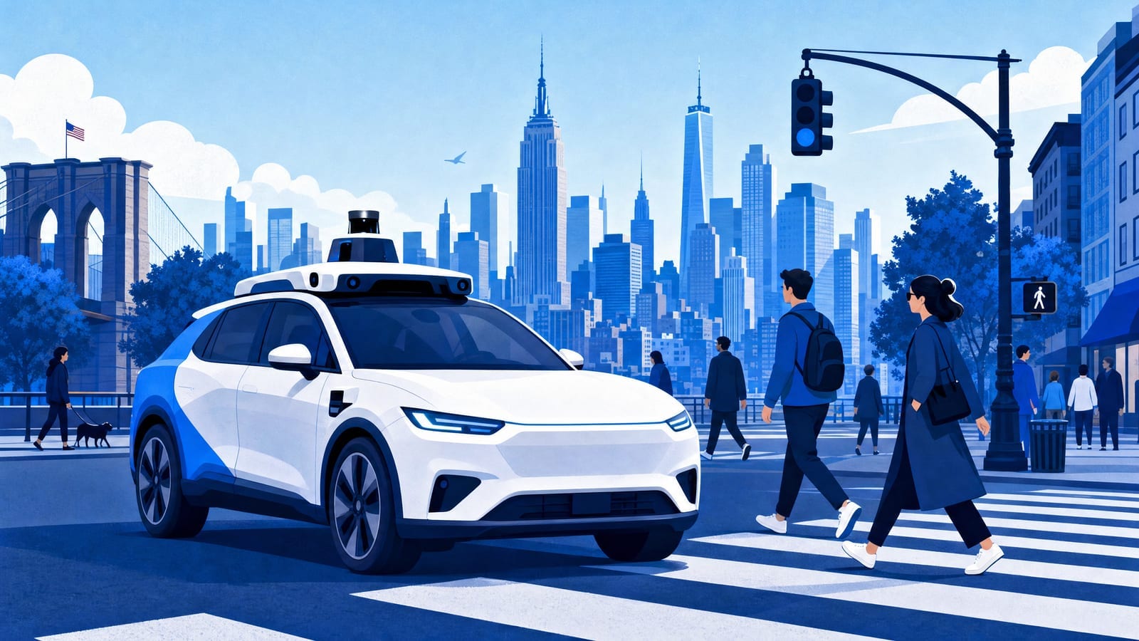 Modern Manhattan crosswalk with autonomous-looking electric vehicle at dusk